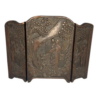 Antique Carved Chinese Table Screen: Figural Garden Scene For Sale