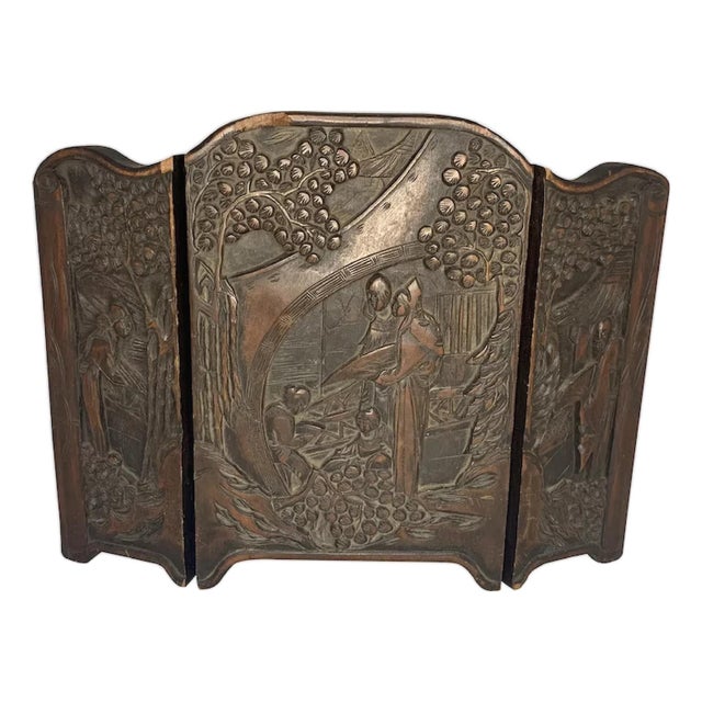 Antique Carved Chinese Table Screen: Figural Garden Scene For Sale