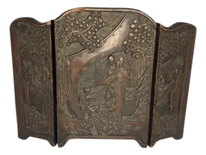 Antique Carved Chinese Table Screen: Figural Garden Scene