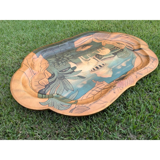 Vintage Hand-Painted Elephant & Indian Landscape Decorative Serving Tray For Sale - Image 10 of 12