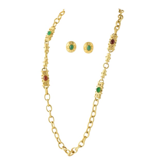 Faux Gemstone Gold-tone Earrings and Station Chain Link Necklace - 3 Pieces For Sale
