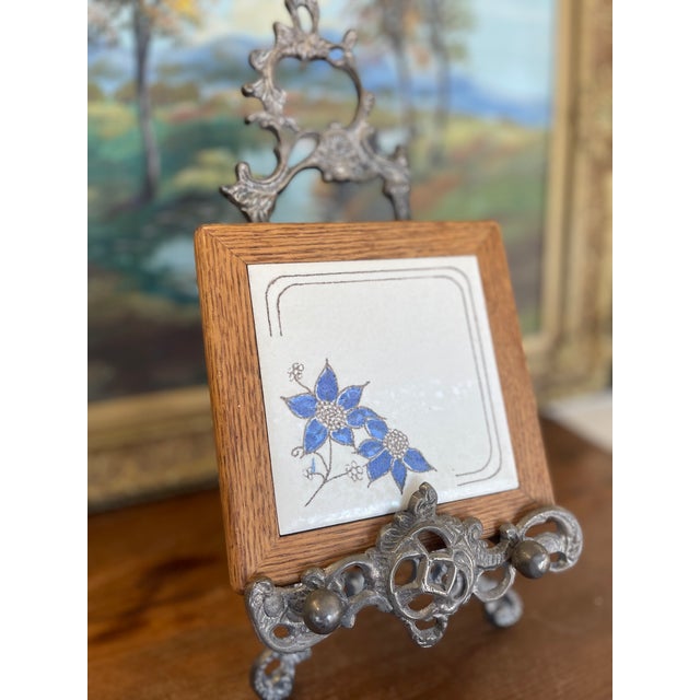 American Vintage Handcrafted Ceramic Tile With Likely Oak Frame and Blue Floral Motif, Made in Usa. For Sale - Image 3 of 9
