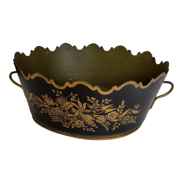 French Black and Gold Hand Painted Oval Monteith Form Tole Cachepot For Sale