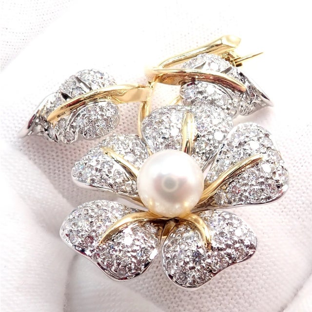 Vintage Tiffany & Co. Yellow Gold Platinum Diamond Pearl Pin Brooch For Sale - Image 12 of 12