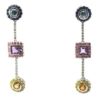 18k White Gold Multicolor Sapphire & Diamond Drop Dangle Earrings, Pair For Sale