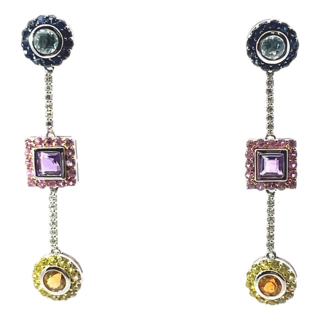 18k White Gold Multicolor Sapphire & Diamond Drop Dangle Earrings, Pair For Sale