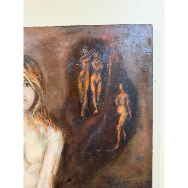 Brown Large Mid-Century Modern Surrealist Naked Female Figure Oil Painting on Canvas – 27x50 For Sale - Image 8 of 9