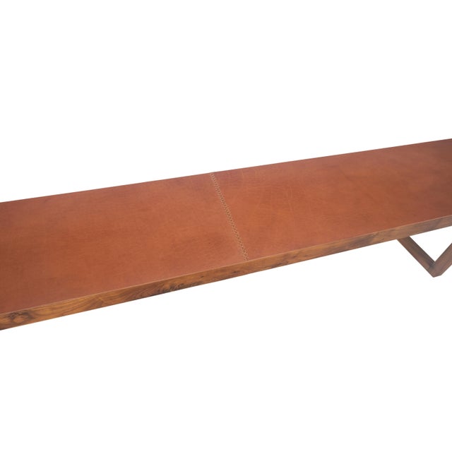 Slim Profile Solid Walnut Frame Integrated leather Cushion 7.5' Long Bench For Sale - Image 11 of 12