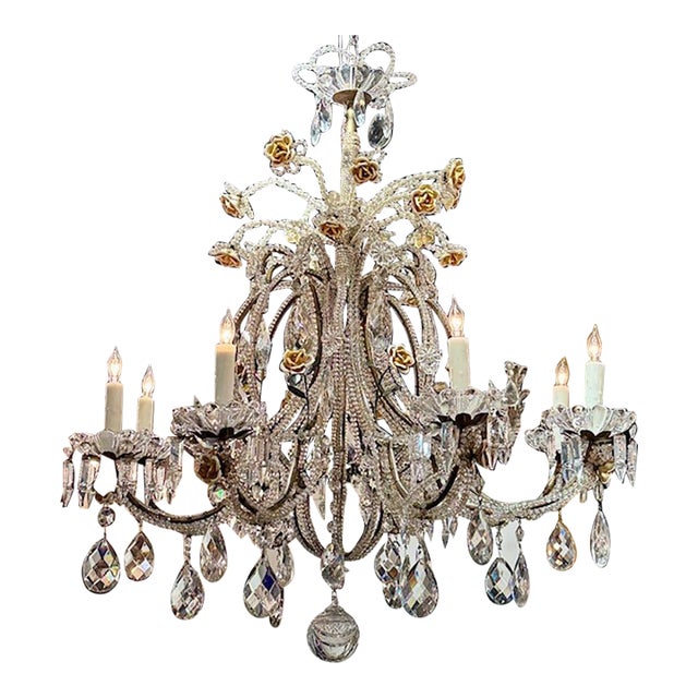 19th Century Italian Beaded Crystal and Porcelain Flower Chandelier For Sale