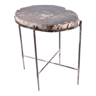 Living Edge Petrified Wood Top W Iron Stand Accent Table or Side Table 48 For Sale