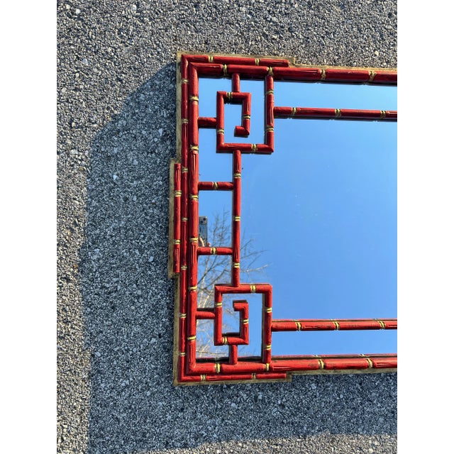 Chinoiserie Mid 20th Century Large Red Chinoiserie Wall Mirror Attributed to LaBarge For Sale - Image 3 of 10