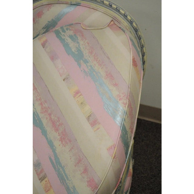Pink Vintage French Louis XVI Pink Blue Carved Bergere Boudoir Lounge Arm Chair For Sale - Image 8 of 12