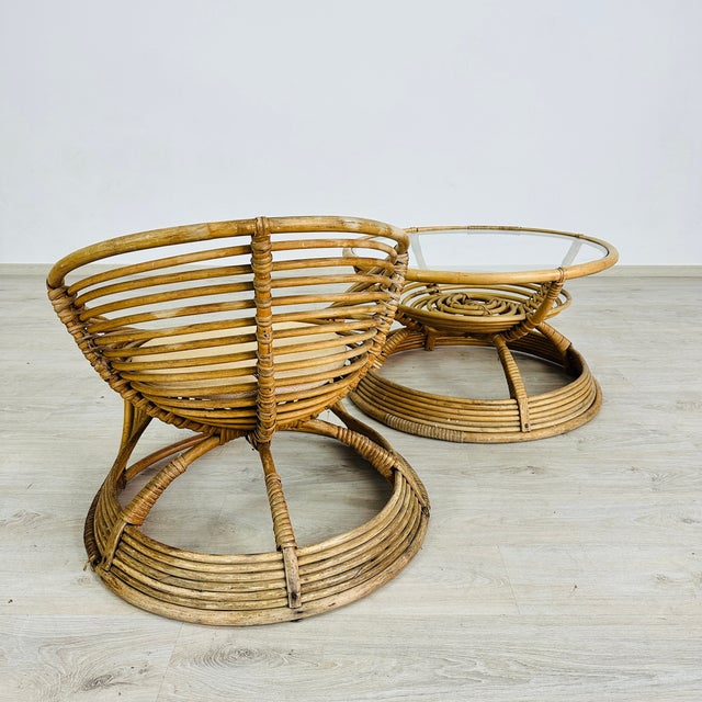 Italian Rattan Lounge Chairs With Coffee Table – Set of 3 For Sale - Image 12 of 16