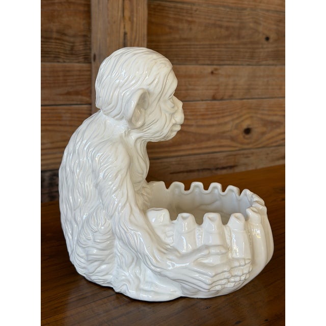 Hollywood Regency Vintage Italian Regency White Glazed Monkey Sculptural Ceramic Cachepot For Sale - Image 3 of 12
