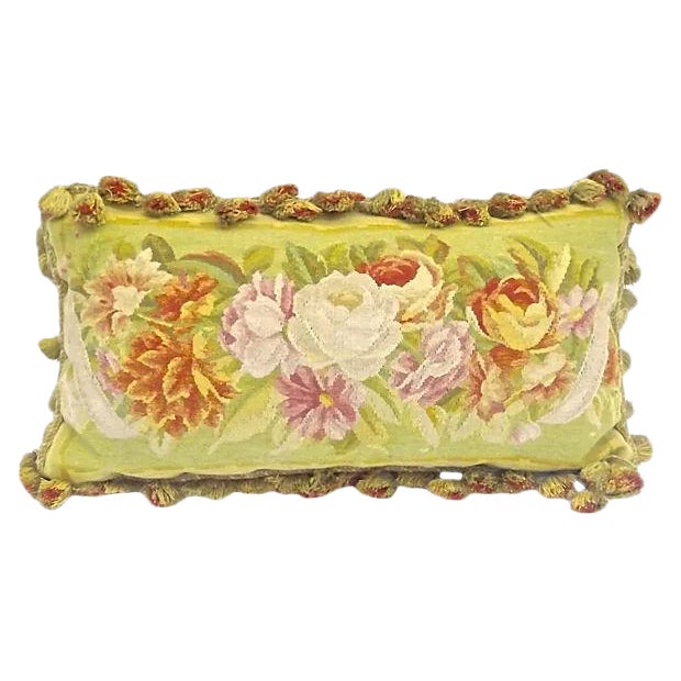 Antique Floral Aubusson Tasseled Pillow For Sale