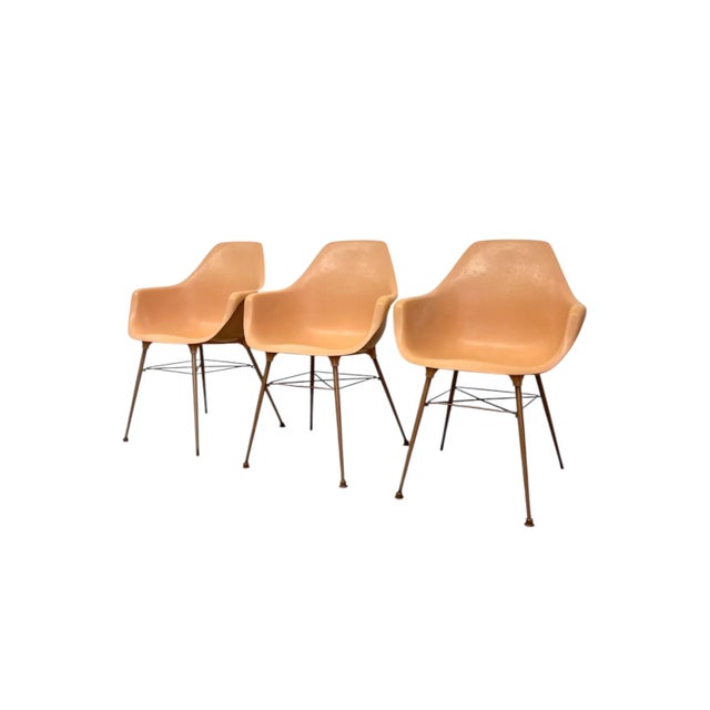 Set of 3 Vintage Mid-Century Modern Armchairs in Salmon Pink on Bronze-Toned Eiffel Bases For Sale - Image 4 of 10