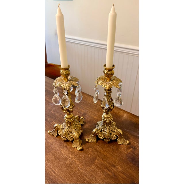 Ornate Gold Candle Holders With Crystal Prisms For Sale - Image 11 of 12