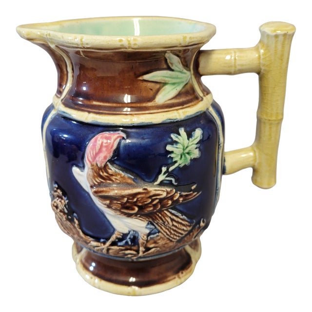Late 19th Forester Majolica Cobalt Blue Pitcher With Vulture Bird For Sale