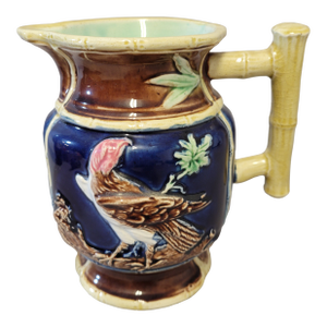 Late 19th Forester Majolica Cobalt Blue Pitcher With Vulture Bird