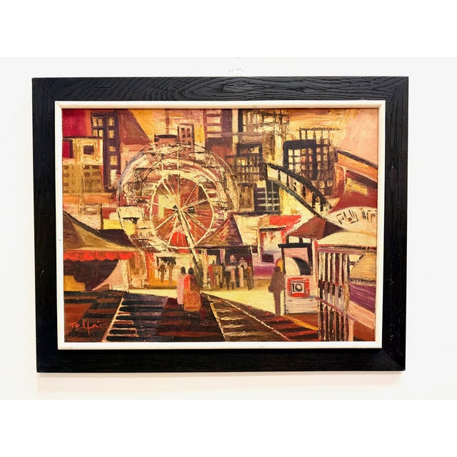 Urban Mid-century Modernism Abstract Cubist Cityscape Painting, Oil on Canvas Offered for sale is an early 20th-century...