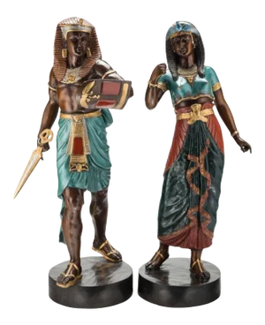 19th Century French Emile Louis Picault Egyptian Pharaoh Cold Painted Bronze Sculptures - a Pair