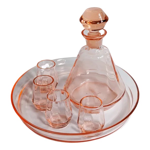 Art Deco Rosaline Glass Liquor Set, 1920, Set of 6 For Sale