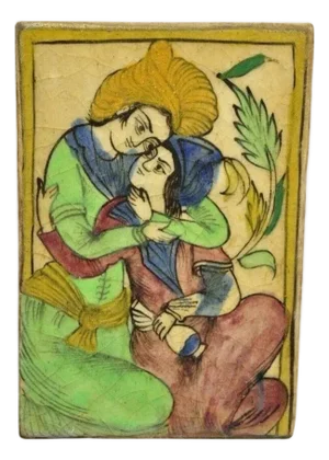 Antique Persian Iznik Qajar Style Green Ceramic Pottery Tile Loving Couple C5