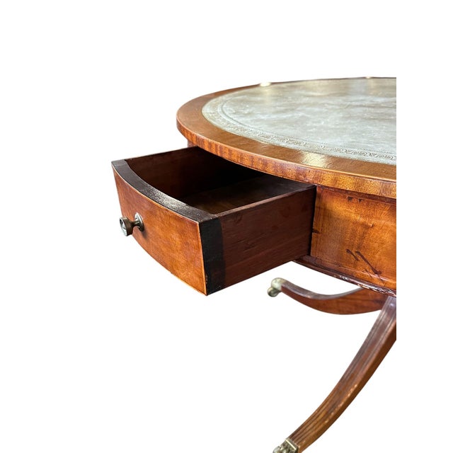 English Georgian Revival Mahogany 48.25" Drum Table With Green Tooled Leather Top, Circa 1900 For Sale - Image 18 of 18
