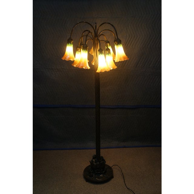 Tiffany and Co. Mid 20th Century Tiffany Style Bronze Art Nouveau 12 Arm Lily Pad Tulip Floor Lamp For Sale - Image 4 of 12