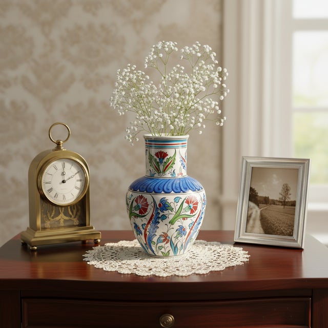 Traditional Handmade Ceramic Vase (20cm) – Classic Iznik Red Tulips & Blue Petal Collar – Traditional Floral Art For Sale - Image 3 of 8
