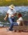This oil on panel painting captures a serene moment by the water, featuring a figure fishing while another sits nearby,...
