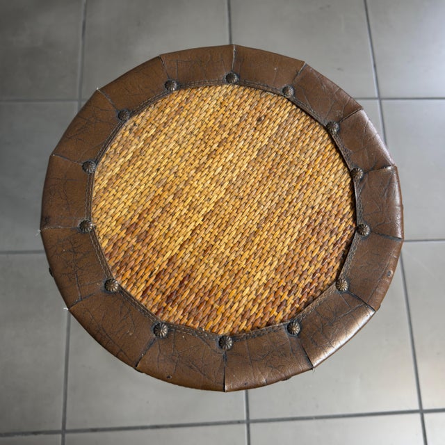 1970s Vintage High Stool in Metal, Leather and Rattan, 1970s For Sale - Image 5 of 11