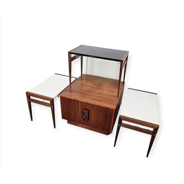 John Keal for brown saltman side table or bar with serving trays, circa 1970. Beautiful walnut grain with Brutalist dots...