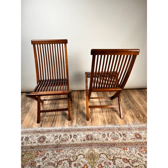 Brown Pair Vintage Mid-Century Modern Style Teak Folding Chairs For Sale - Image 8 of 10
