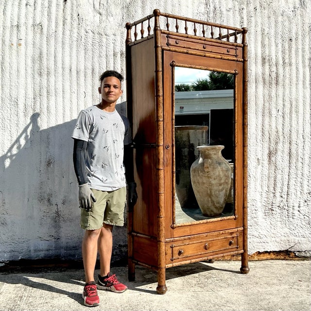 Wood Vintage Boho Carved Bamboo Armoire For Sale - Image 7 of 9