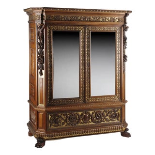 1800's Monumental, French Rena. Revival, Carved, Mirrored 96” Armoire!! For Sale