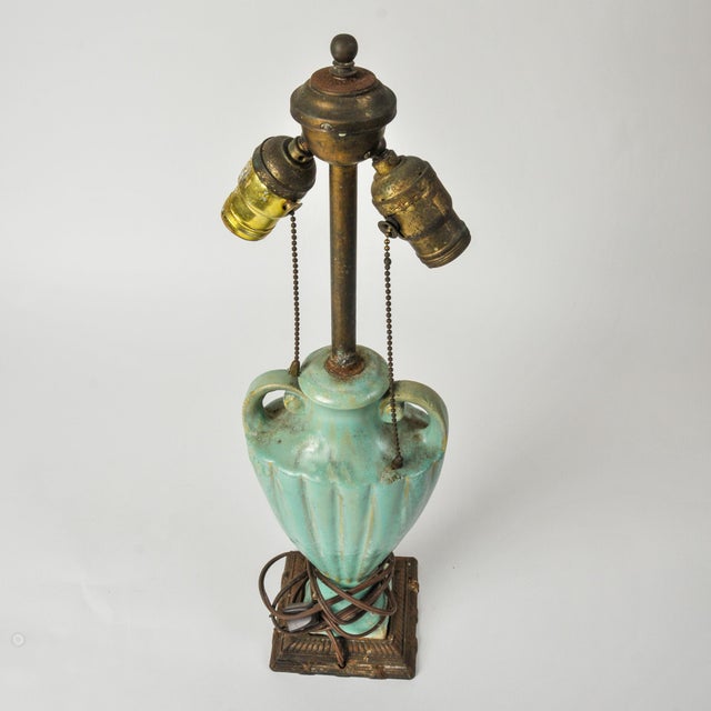 Antique Celadon Glazed Ceramic Urn Lamp With Bronze Base For Sale In Rochester - Image 6 of 18