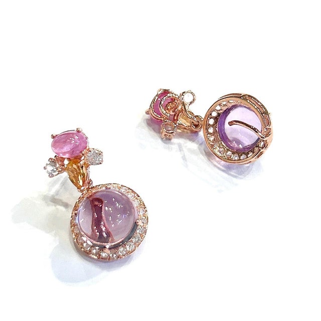 Bochic “Orient” Retro Ruby, Sapphire & Amethyst Earrings Set 18K Gold & Silver, 2 pieces For Sale - Image 11 of 12