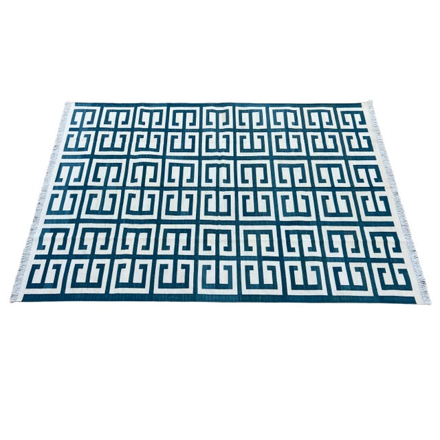 Cotton Vegetable Dyed Teal Blue And White Geometric Reversible Rug-4'x6' These special flat-weave dhurries are hand-woven...