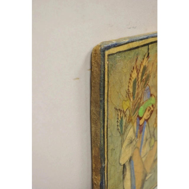 Antique Persian Iznik Qajar Style Green Ceramic Pottery Tile Kneeling Woman C5 For Sale In Philadelphia - Image 6 of 9
