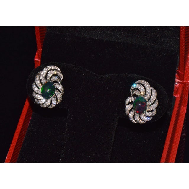 Certified Natural 3.45Cts vs F Diamond Black Opal 18k Solid Gold Cocktail Swirl Earrings - 2 Pieces For Sale - Image 9 of 10