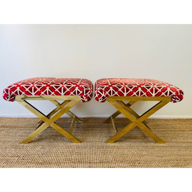 Mid-Century Modern Vintage 1970s Pair of Brass X Base Weiman / Warren Lloyd Mastercraft Geometric Velvet Upholstered Stools Ottomans For Sale - Image 3 of 18