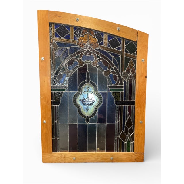 Antique Gothic Revival "Cross and Crown" Stained Glass Liturgical Panel For Sale In Boston - Image 6 of 12