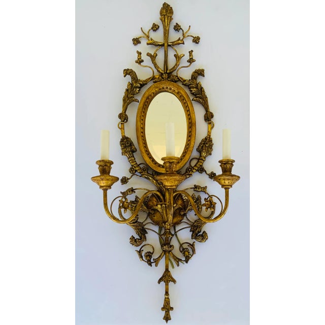 Traditional Myran Allan Luxury Lighting Italian Gold Carved Wood and Mirror Wall Sconces Pair For Sale - Image 3 of 9