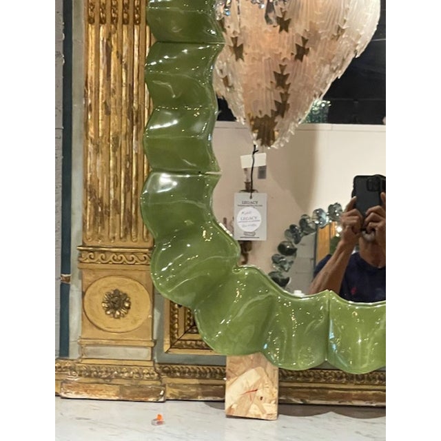 Glass Murano Wave Mirror in Olive Green For Sale - Image 7 of 9