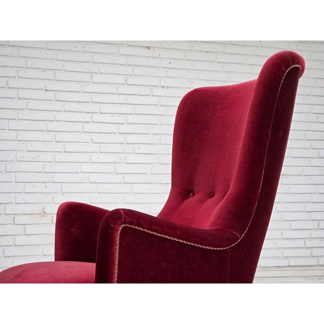 Wood Danish Armchair in Cherry-Red Velour with Ash Legs, 1970s For Sale - Image 7 of 17