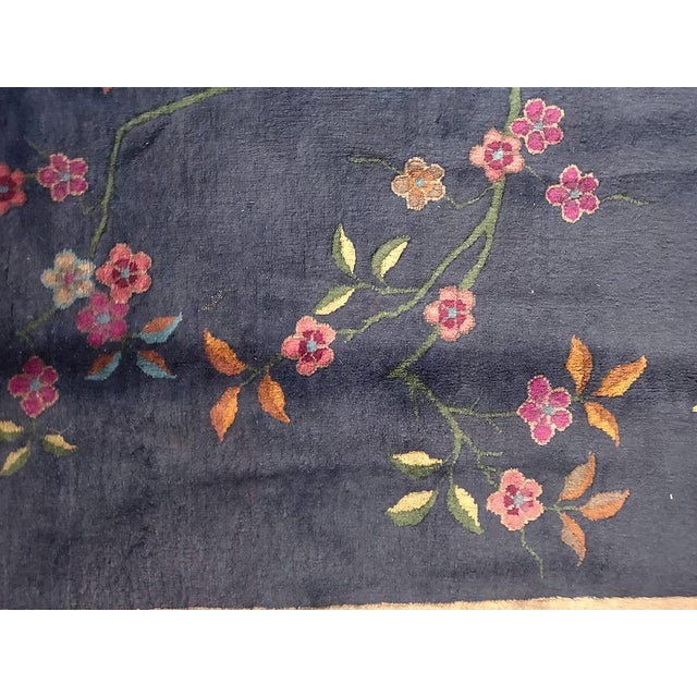 1920s Blue Navy Floral Antique Chinese Art Deco Rug 6' X 8'8" Handknotted Wool Carpet For Sale - Image 4 of 6
