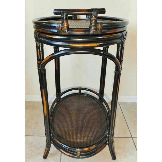 Ornate Natural Bamboo Rattan Brown Wicker Oval Tray Table Two Tier Server For Sale - Image 9 of 12