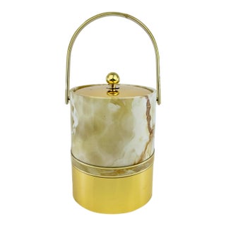 Vintage Mid Century Modern Faux Onyx and Gold Ice Bucket With Handle For Sale