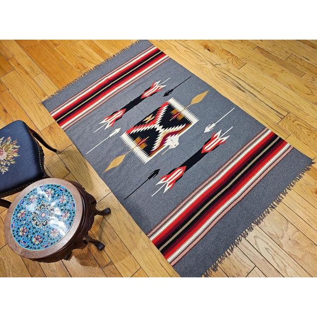 Vintage American Southwestern Kilim Rug, Handwoven Wool, Mythical Bird Pattern, Pale Blue & Ivory, 4x7 For Sale - Image 10 of 11